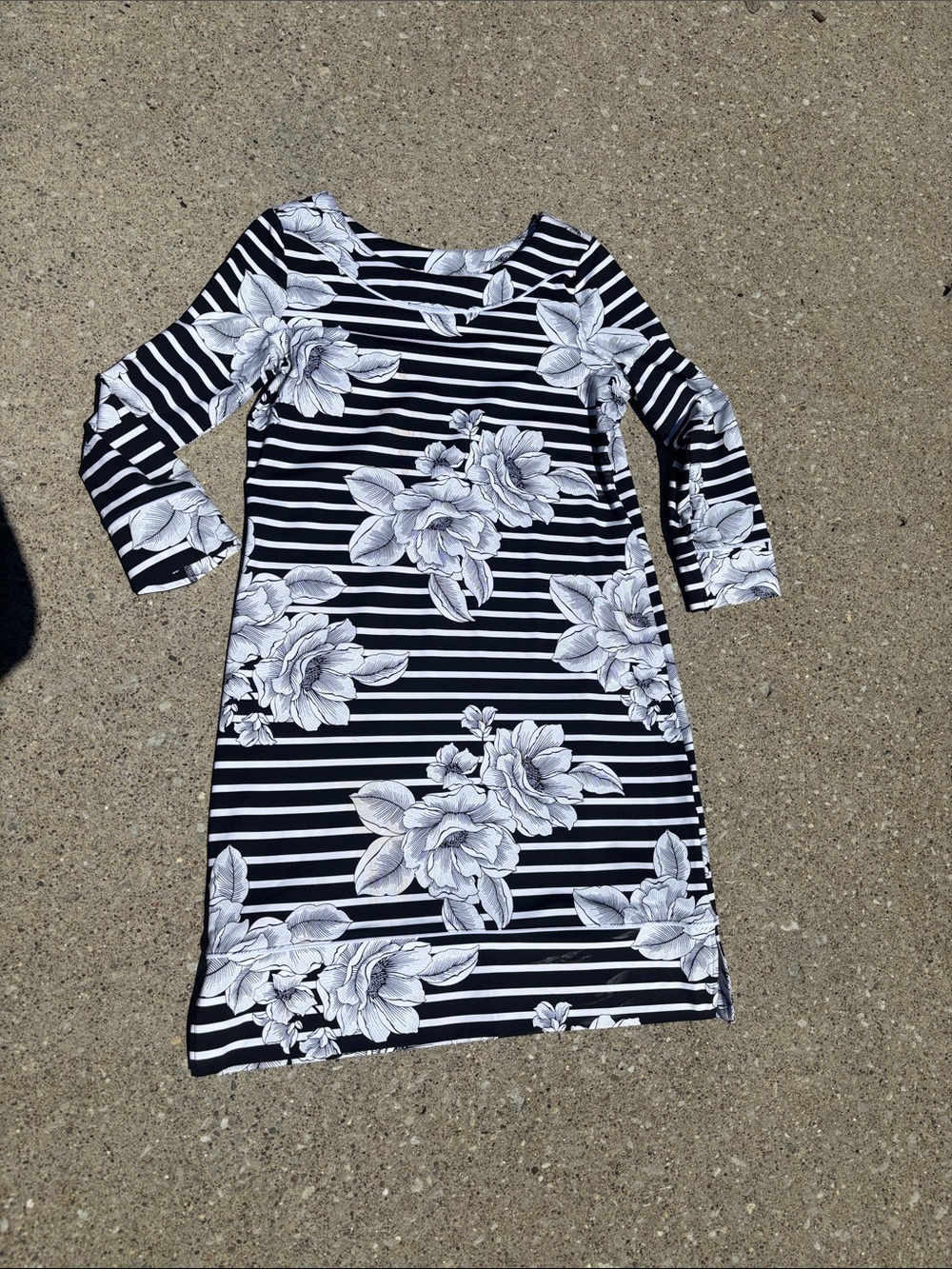 Lands' End Black & White Striped Floral Midi Dress